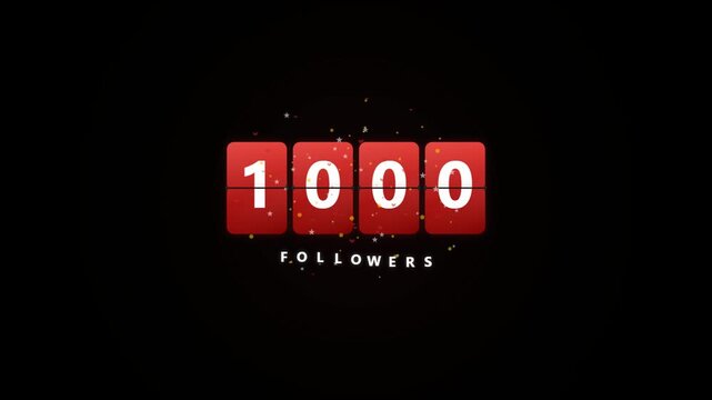 Digital counter tracking social media followers transitioning from nine hundred ninety-eight to one thousand with confetti celebration on black background