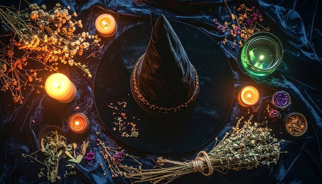 Black Witch Hat with Burning Candles and Dried Herbs on Dark Velvet for Magic Ritual Flat Lay