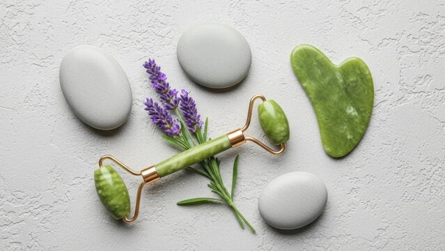 Natural beauty tools jade roller gua sha stone and lavender on textured background