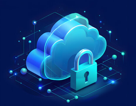 Isometric cloud computing technology concept with secure lock data protection for modern digital business