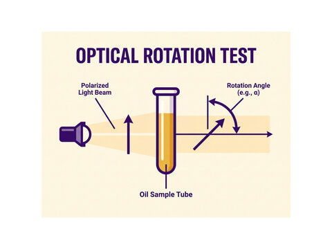 Diagram illustrating an optical rotation test using a polarized light beam passing through an oil sample tube to measure rotation angles for laboratory analysis.
