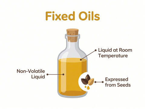 Educational diagram illustrating fixed oils characteristics expressed from seeds in a clear glass bottle mockup.
