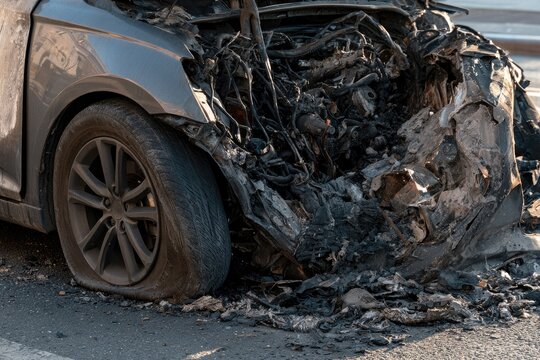 Vehicle severely damaged, charred engine and deflated tire visible