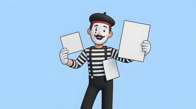 Creative mime character displaying three blank sheets of paper