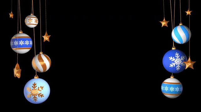 3D Christmas Baubles and Golden Stars Hanging Frame Seamless Loop Animation with Alpha Channel. For Poster Template Design