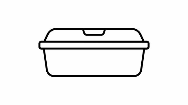 A simple black outline icon of a rectangular food container on a white background with art icon with container lid viewed