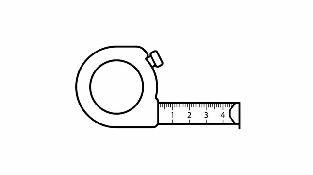A black and white line art icon of a retractable tape measure tool with numerical markings extended black outline illustration