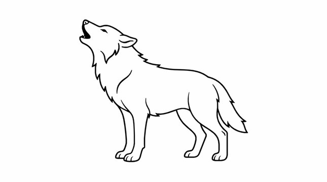 A black and white line art illustration of a wolf howling towards the sky with standing profile with profile while looking