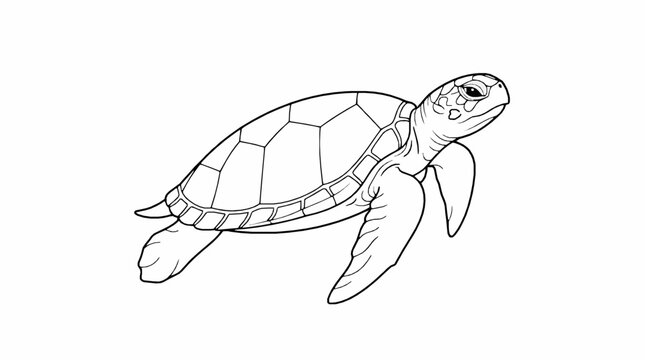 A black and white line art illustration of a swimming sea turtle with presented simple outline plain white background
