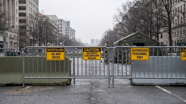 Military barricade with warning signs at security checkpoint