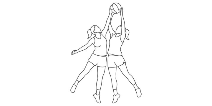 Basketball female players jumping for rebound in continuous line art sports graphic.