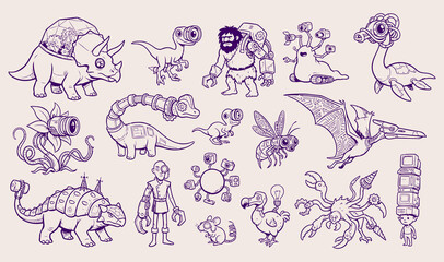 Creative steampunk dinosaur vector illustration set featuring prehistoric animals and cavemen with robotic cybernetic mechanical features © Rusa