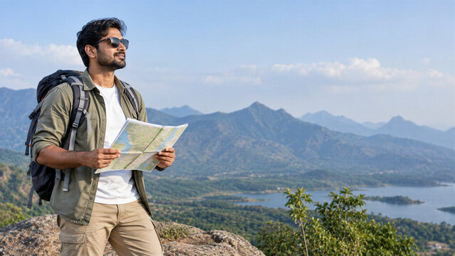 Indian Male Hiker Exploring Mountain Landscape with Map and Backpack
