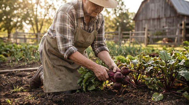 Elderly woman harvesting beets from a garden row, home gardening and sustainable living