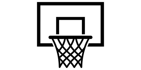 Black silhouette basketball hoop and net graphic representing slam dunk sport activities. © Nimra