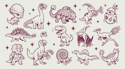 Cute Cartoon Dinosaur Character Vector Set - Whimsical Prehistoric Animal Line Art Illustrations © Rusa