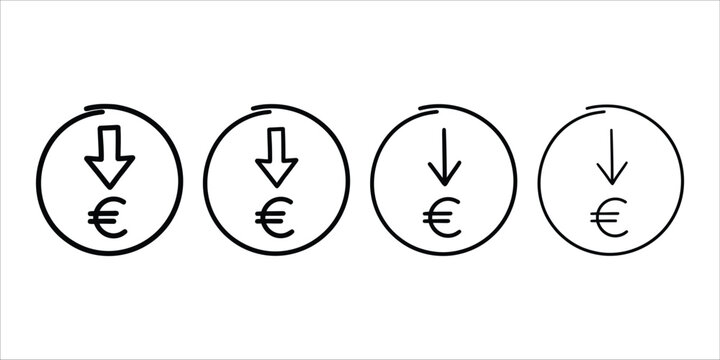 Four round rubber stamps show a downward pointing arrow above the euro currency symbol in a hand drawn rough sketch illustration style