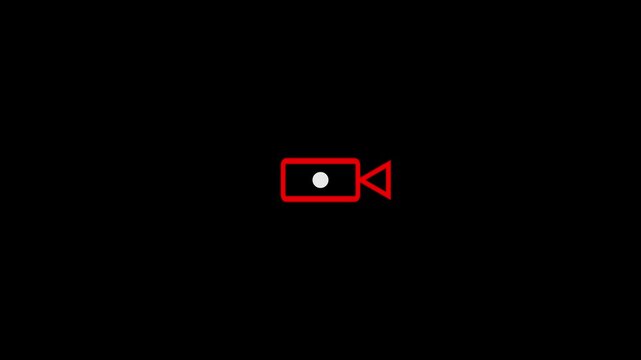 Red video camera icon on black background, recording symbol.4k video