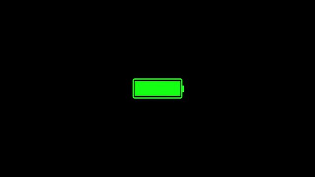 Neon line battery charging icon animation, Running from full to low cell phone battery. 4K video
