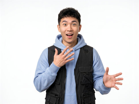 Surprised young Asian man gesturing with hands isolated on white background