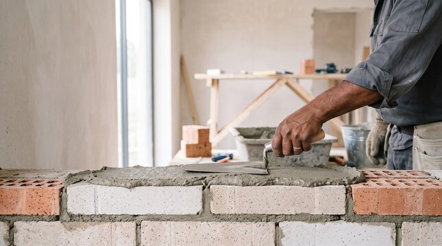 The mason evenly applies the cement mortar to the bricks.
