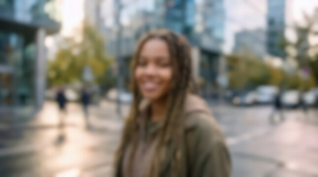 Young person with braided hair smiles while standing on a busy city street. The urban background is intentionally out of focus to create a soft bokeh effect in the metropolitan area.