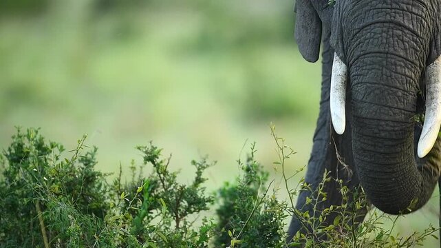 Detailed portrait of a wild elephant feeding on green foliage in Kenya using it's trunk.