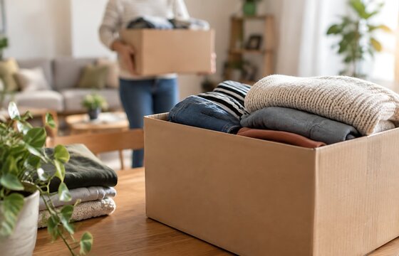 Cardboard box filled with folded clothes on a wooden table with containing neatly folded, another box background, folded clothing sits, person holds another, wardrobe organization
