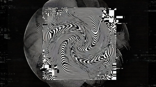 Abstract digital glitch art with distorted monochrome wave patterns on a black background
