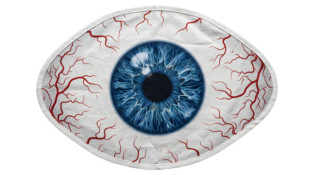 Blue iris eye with red blood vessels with detailed blue human red veins on transparent background