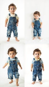 A col of four photos baby in overalls background expression frame movement colorful motion layers style design gesture scene cartoonish figure emotion creative backgrounds elements