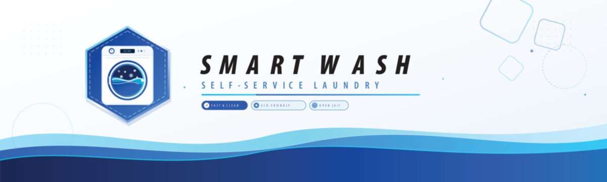 Smart wash self-service laundry banner with washing machine, fast, clean, eco-friendly, open, service, blue, wave, design