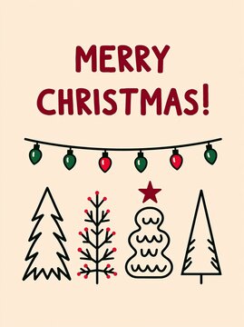 illustration featuring the text 'MERRY CHRISTMAS ' in bold burgundy red above a string of green and red holiday lights.