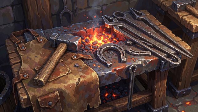 Old blacksmith's workbench various tools made wood has rustic weathered appearance left side there large hamme