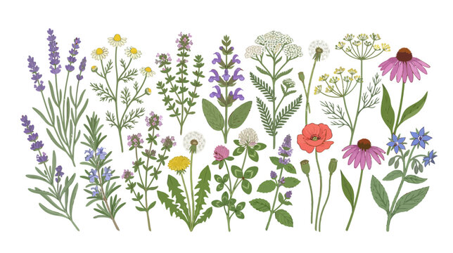 Herbal Botanical Illustration Collection: Lavender, Echinacea, Poppy, Thyme