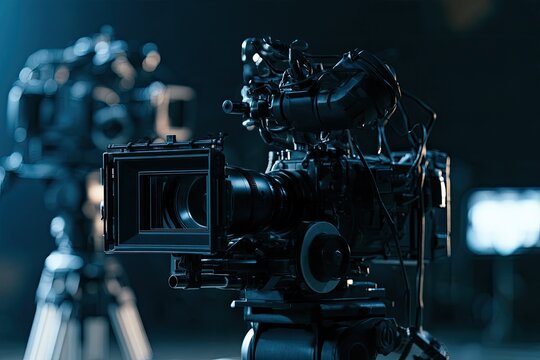 Professional video cameras on tripods, cinematic equipment in dark studio