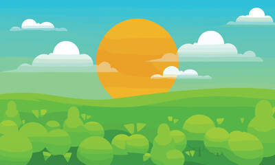 Obraz premium Flat vector illustration of a sunny day with green hills and bright blue sky with clouds