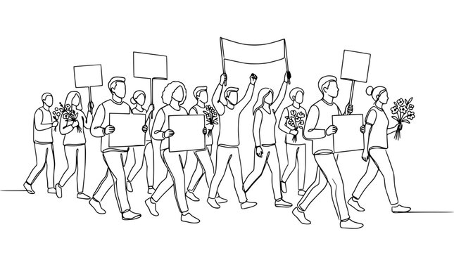 People marching with protest signs and flowers, illustration, isolated