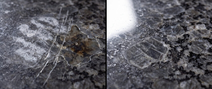 Comparative Macro View of Damaged and Restored Granite Surface for Professional Kitchen Countertop Renovation