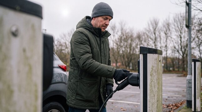 Man plugging in electric car charger at public charging station