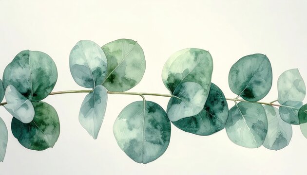Watercolor eucalyptus branch with green leaves on white background