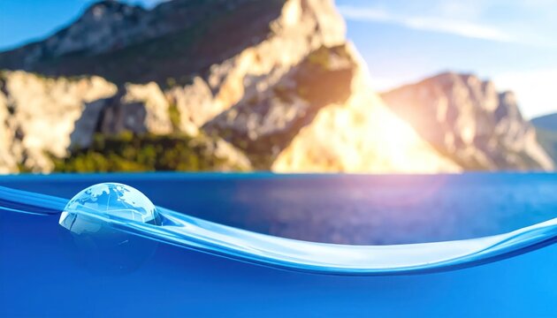 Small glass globe floating in blue water with sunny mountains