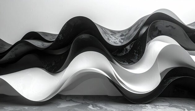Abstract monochrome flowing wave sculpture on grey background