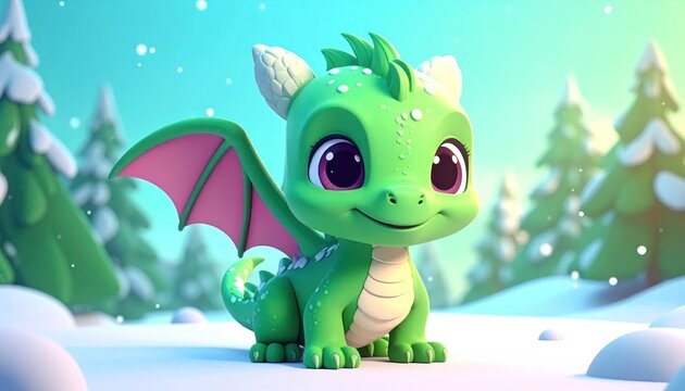 Adorable green baby dragon in a snowy winter forest