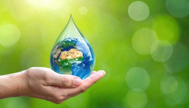 Planet earth inside a water drop held by human hand