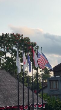 A row of flags from different countries displayed in a public area. The scene includes a clear sky and trees in the background.