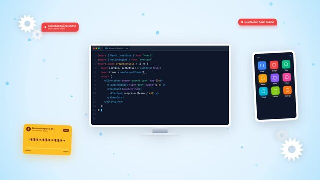 Dynamic animation illustrating modern software development and digital workflow: code on a desktop monitor compiles successfully, while new applications deploy to a tablet. Features clean UI elemen...