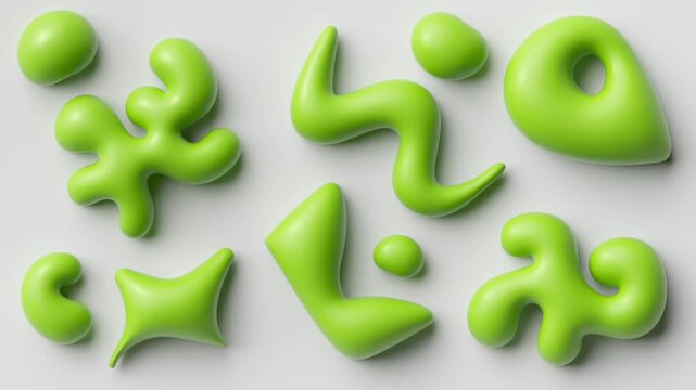 Seamless loop of green inflated abstract symbols rippling in synchronized motion. Glossy soft shapes pulse and morph like flexible balloons.