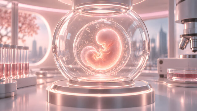 Human Embryo in Futuristic Laboratory Incubator for Reproductive Medicine
