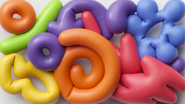 Colorful inflated shapes gradually expand and pack a horizontal frame. Glossy organic forms grow into a vibrant playful 3D composition.